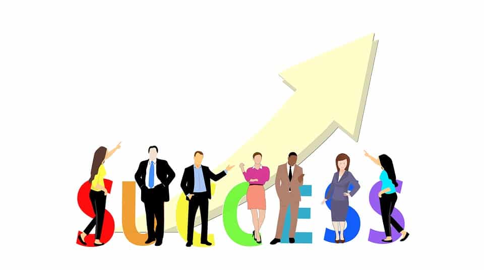 Success for business means sustainable growth, image is the word success with business people and an upward trending arrow