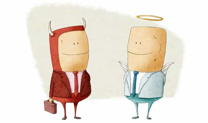 angel businessperson vs devil businessperson business ethics illustration