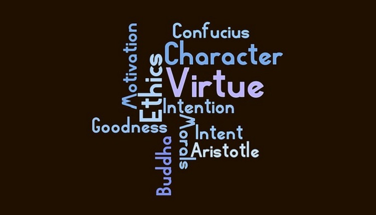 Wordcloud for virtue on a black background